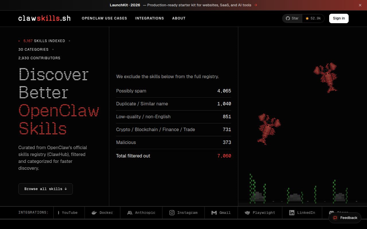 Screenshot of awesome-openclaw-skills (clawskills.sh)