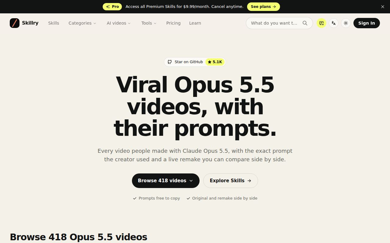 Screenshot of awesome-opus5-5-videos (skillry.dev/ai-videos/opus-5-5)