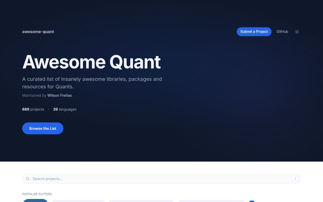 Screenshot of awesome-quant (wilsonfreitas.github.io/awesome-quant)