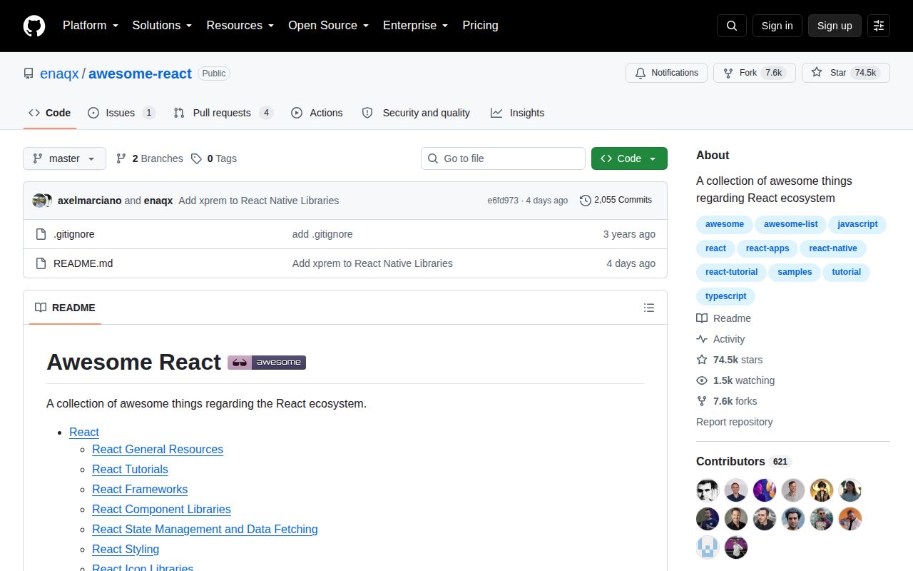 Screenshot of awesome-react (github.com/enaqx/awesome-react)