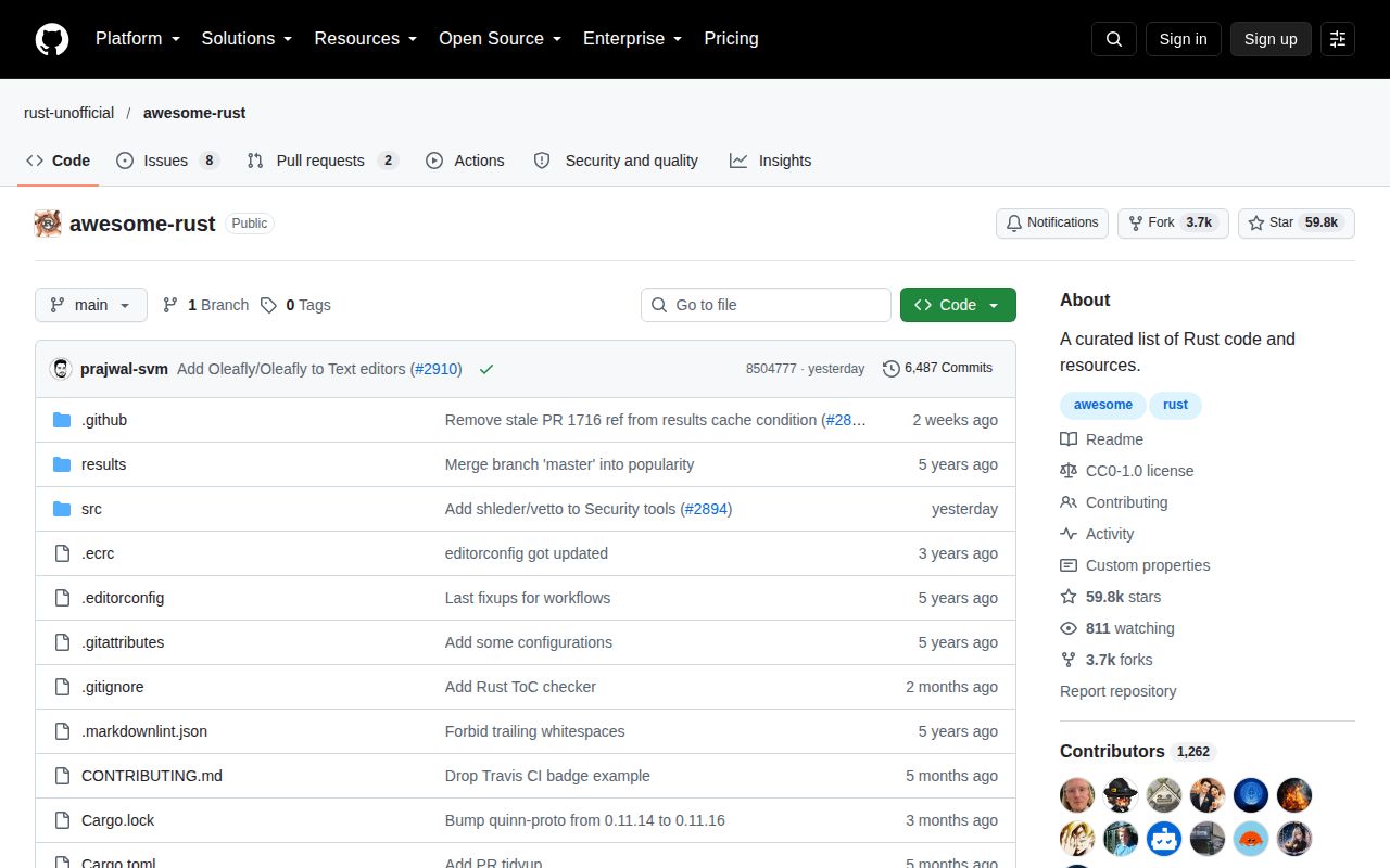 Screenshot of awesome-rust (github.com/rust-unofficial/awesome-rust)