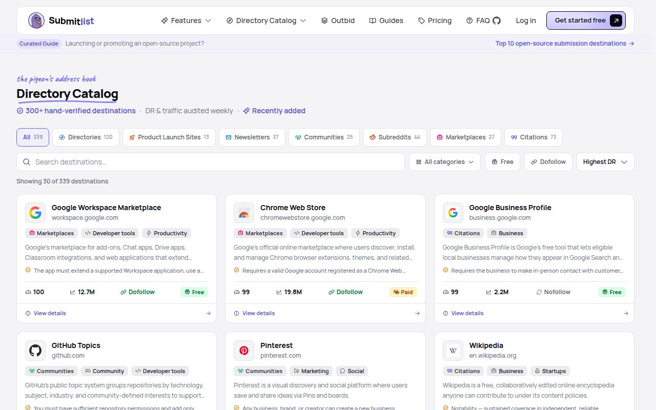 Screenshot of awesome-submitlist (submitlist.io/catalog)
