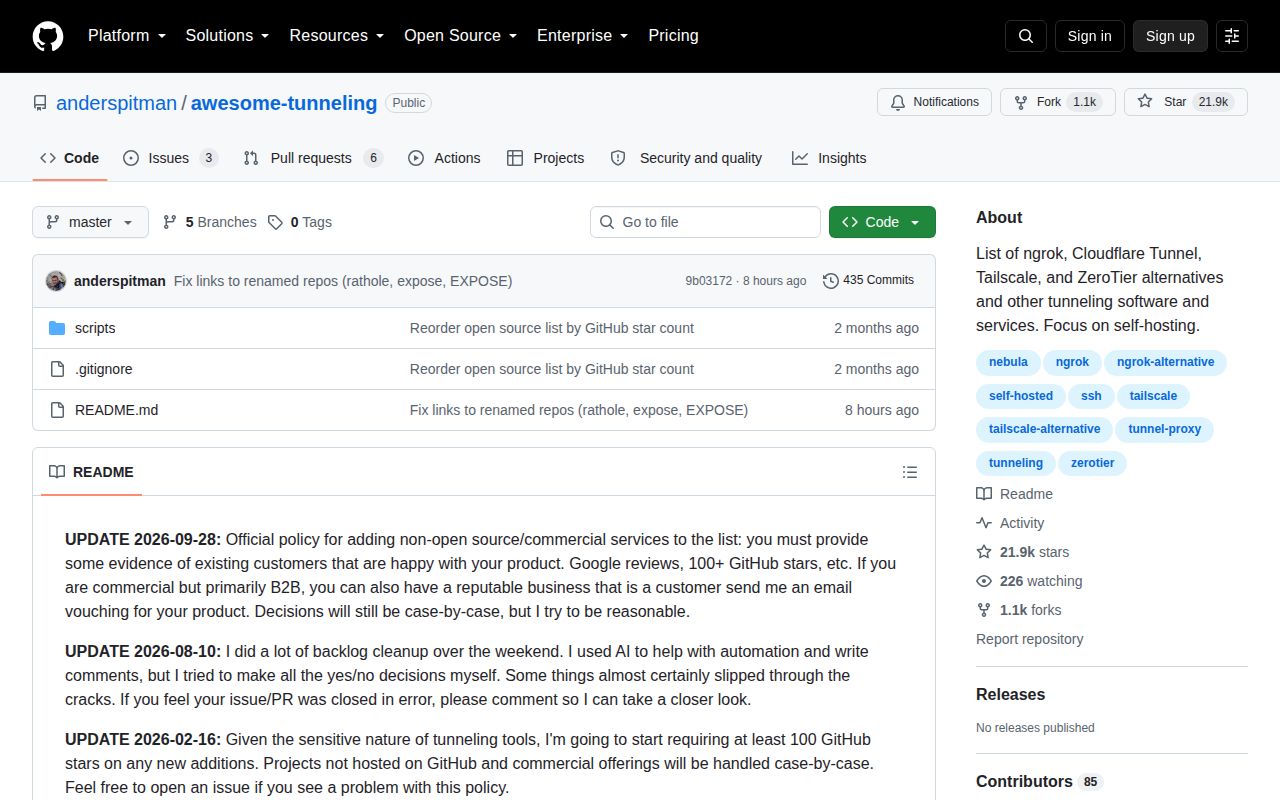 Screenshot of awesome-tunneling (github.com/anderspitman/awesome-tunneling)