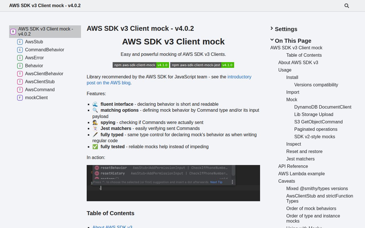 Screenshot of aws-sdk-client-mock documentation
