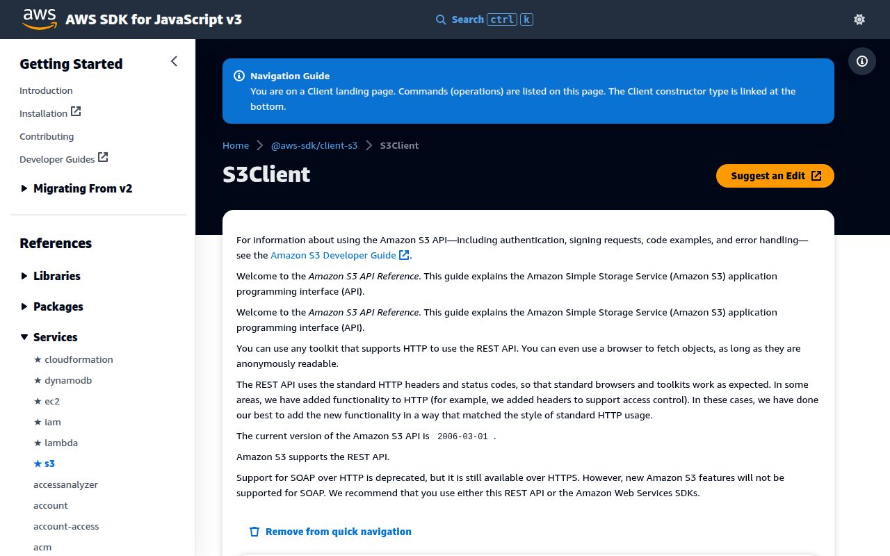 Screenshot of @aws-sdk/client-s3 documentation