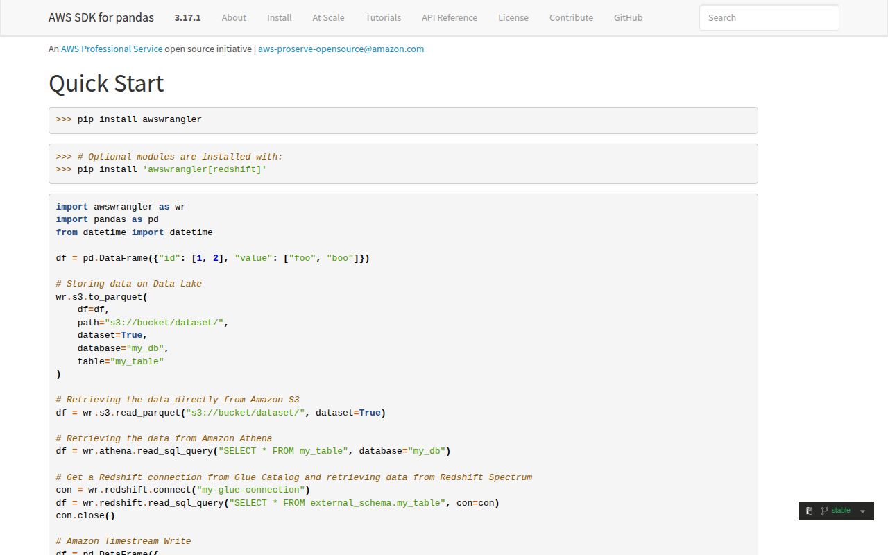 Screenshot of awswrangler documentation