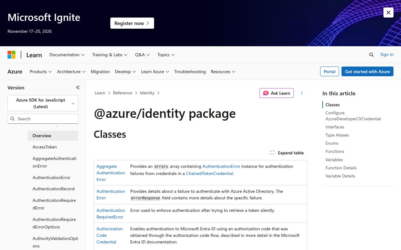 Screenshot of @azure/identity documentation