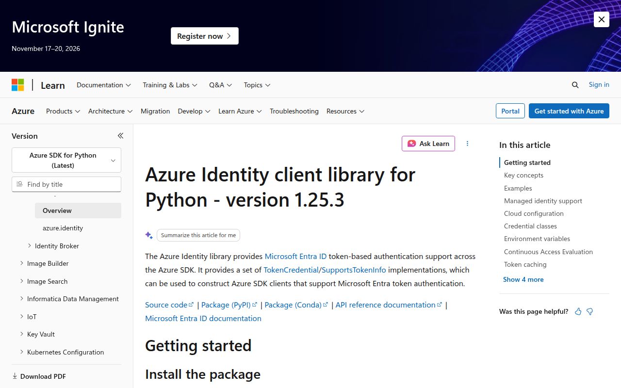 Screenshot of azure-identity documentation