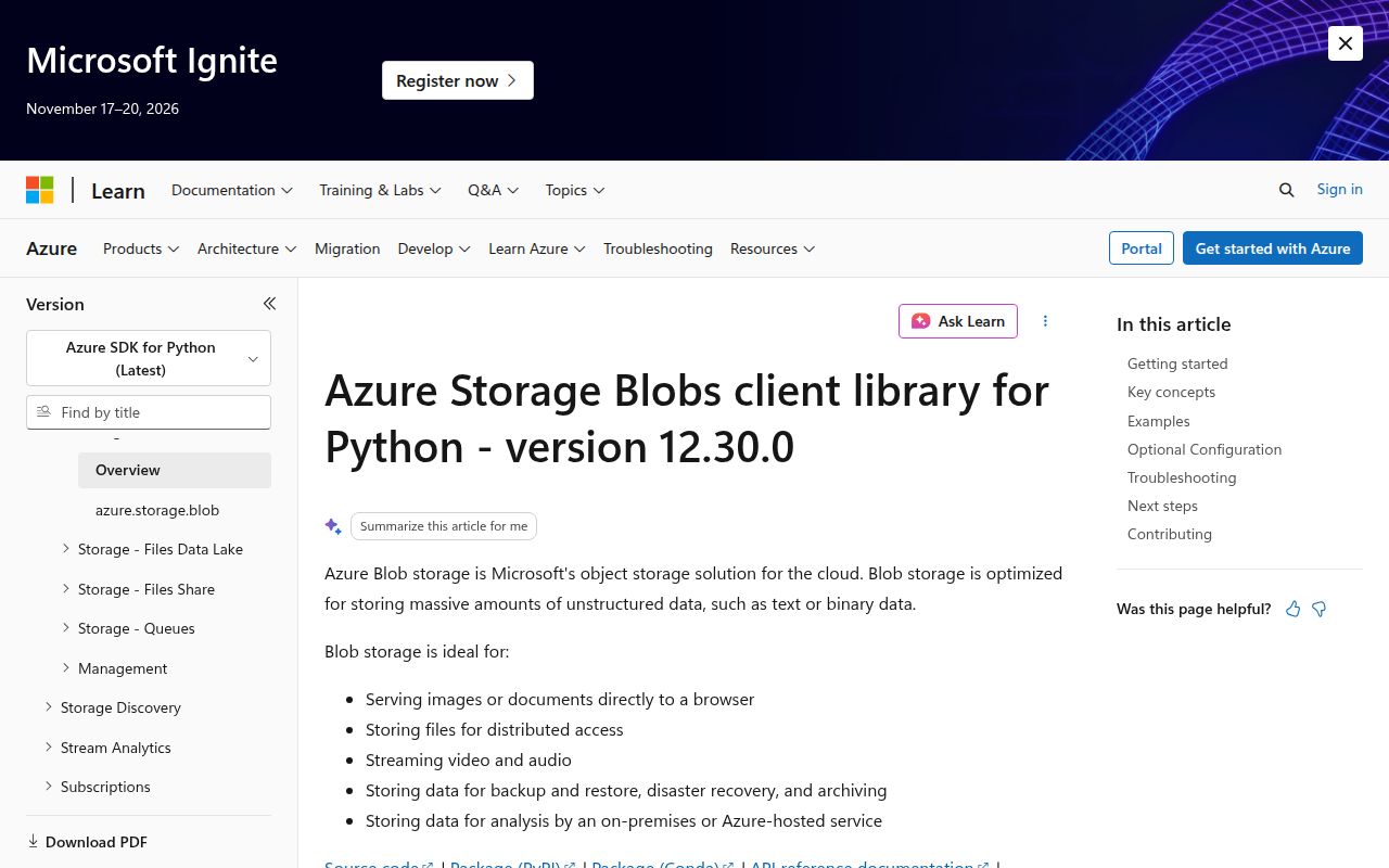 Screenshot of azure-storage-blob documentation