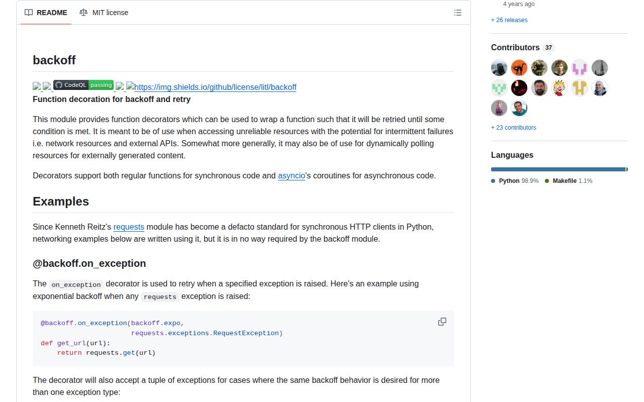 Screenshot of backoff documentation