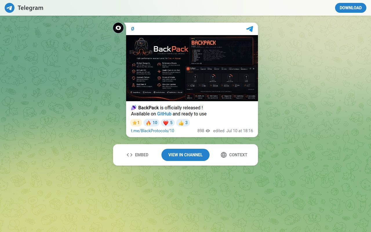 Screenshot of BackPack (t.me/BlackProtocols/10)