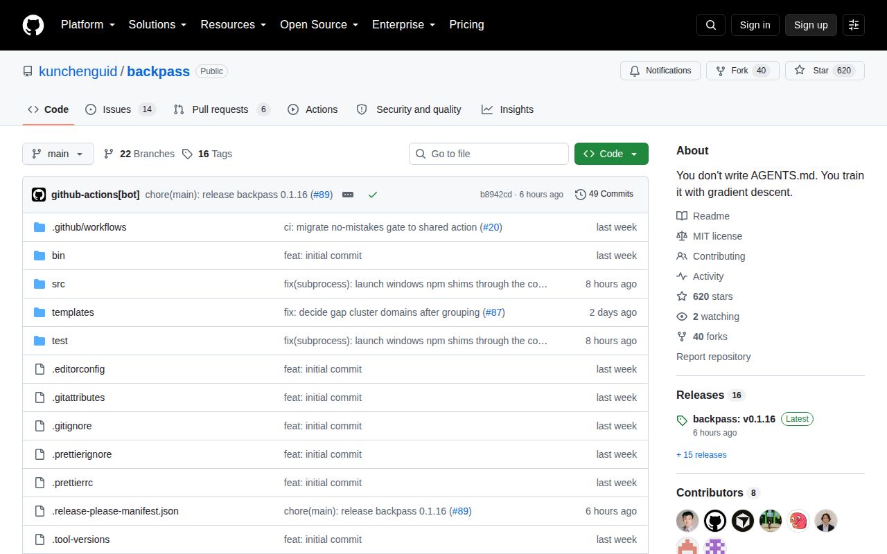 Screenshot of backpass (github.com/kunchenguid/backpass)