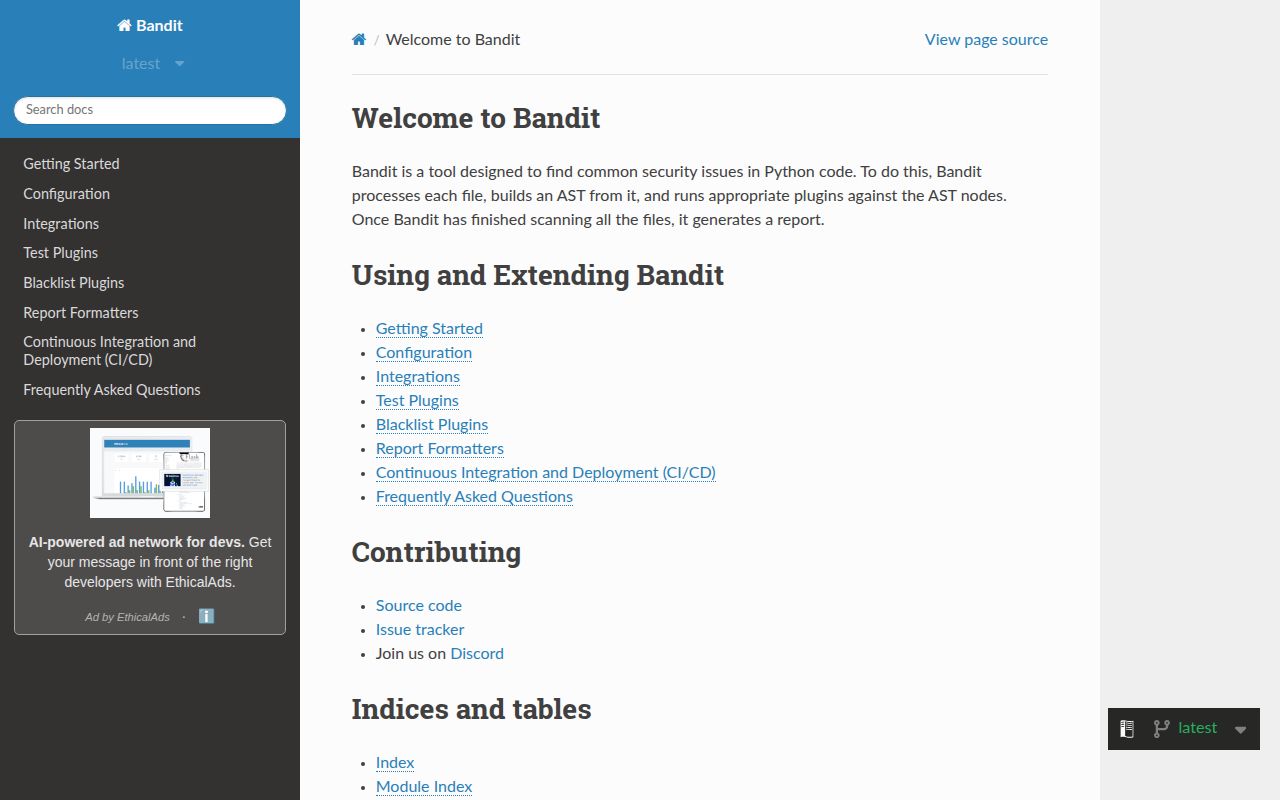 Screenshot of bandit documentation
