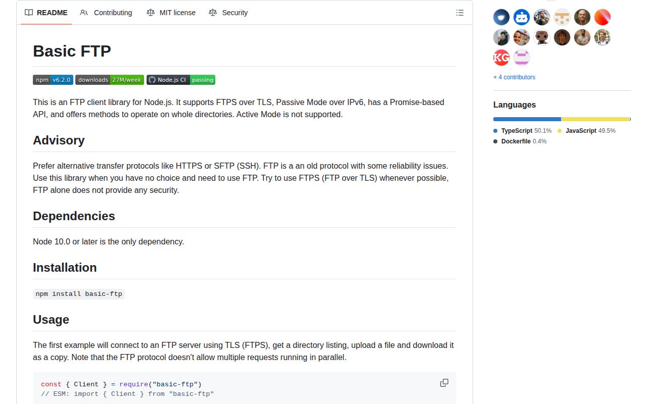 Screenshot of basic-ftp documentation