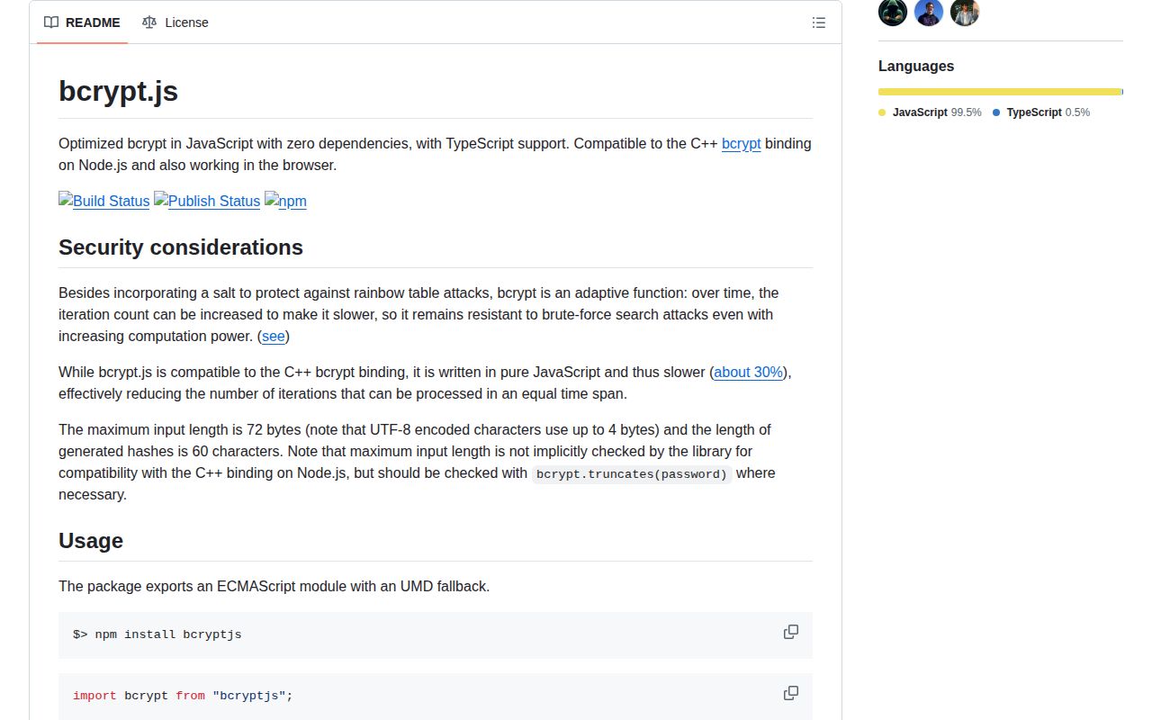 Screenshot of bcryptjs documentation