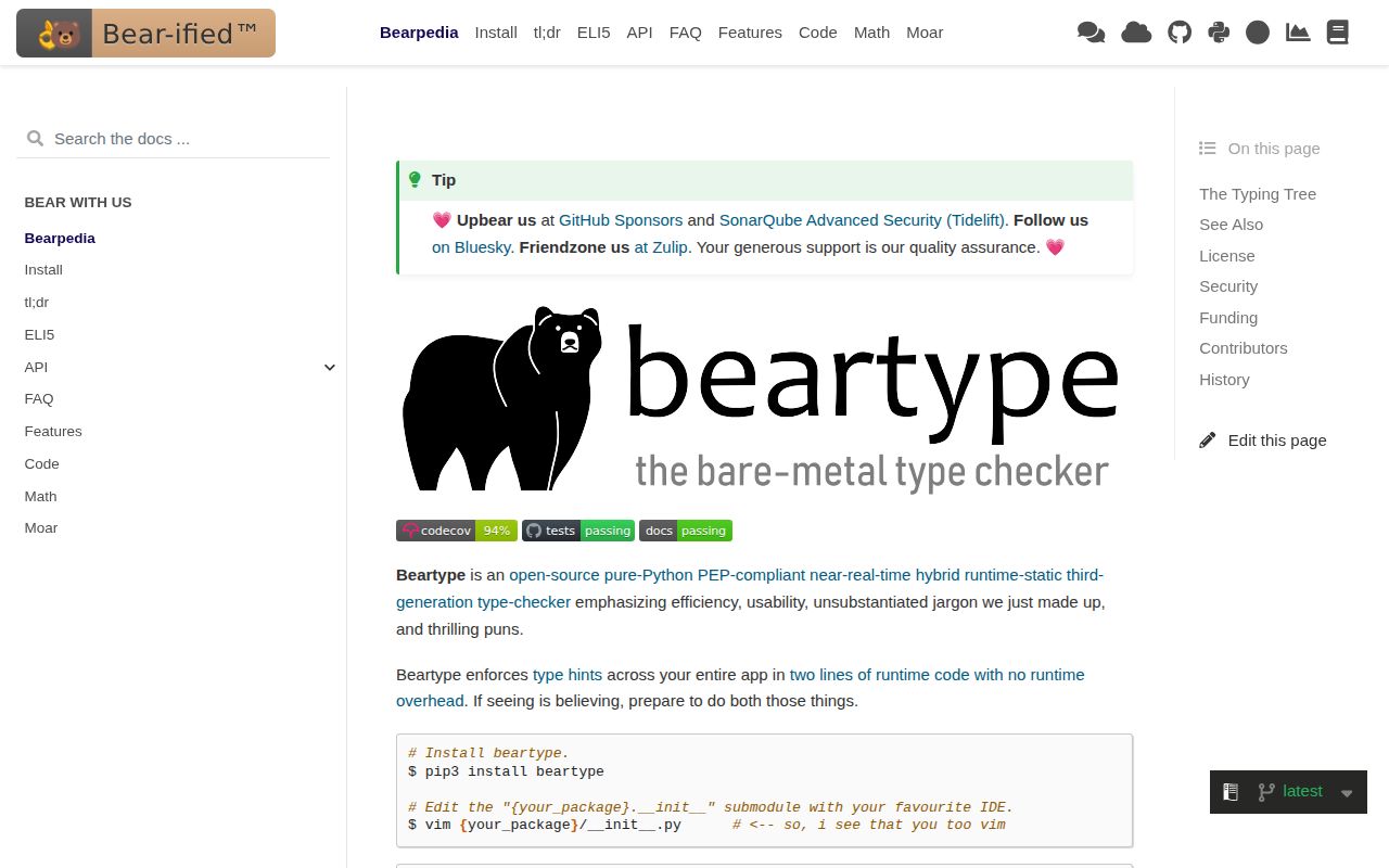 Screenshot of beartype documentation