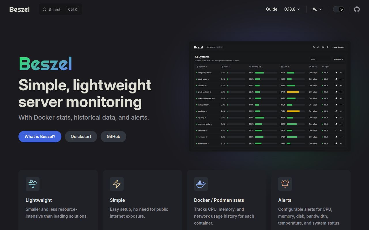 Screenshot of beszel (beszel.dev)