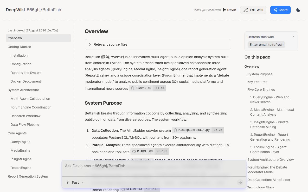 Screenshot of BettaFish (deepwiki.com/666ghj/BettaFish)