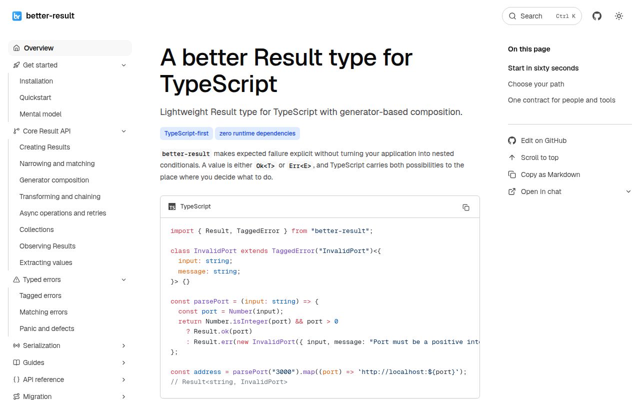 Screenshot of better-result documentation