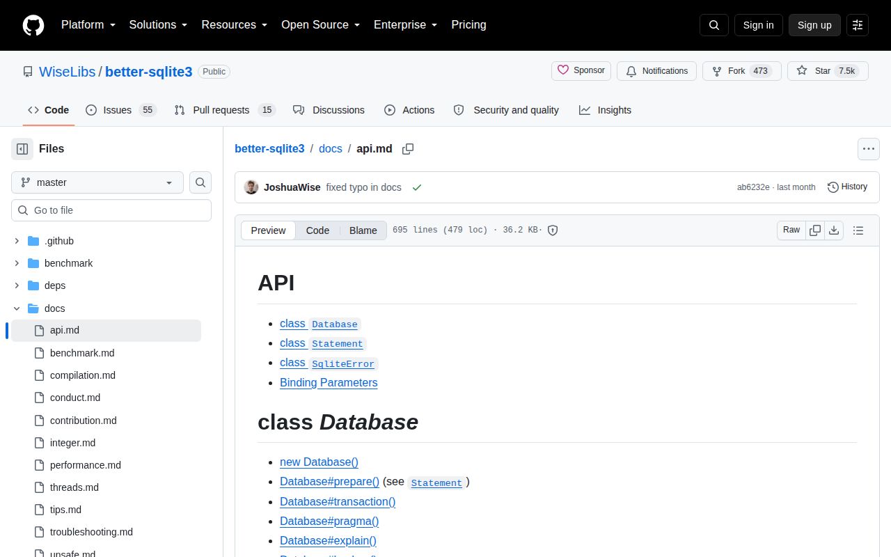 Screenshot of better-sqlite3 documentation