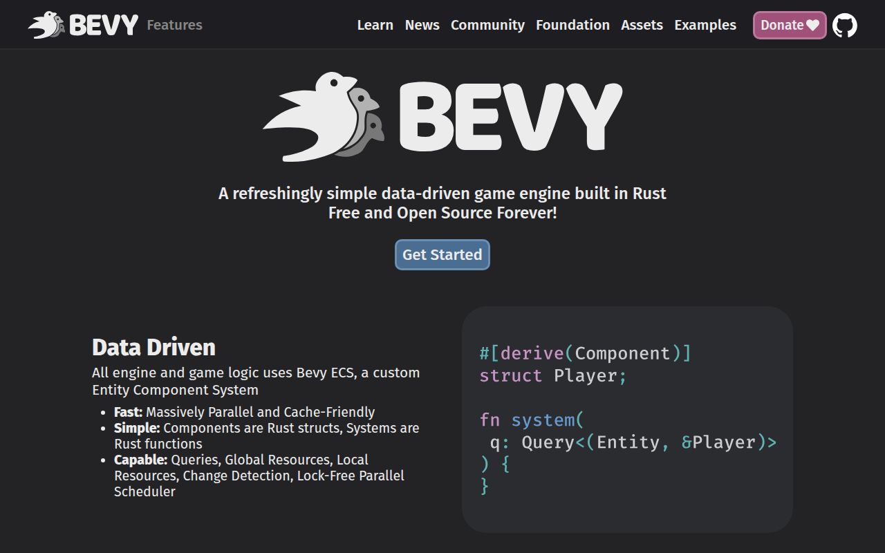 Screenshot of bevy (bevy.org)