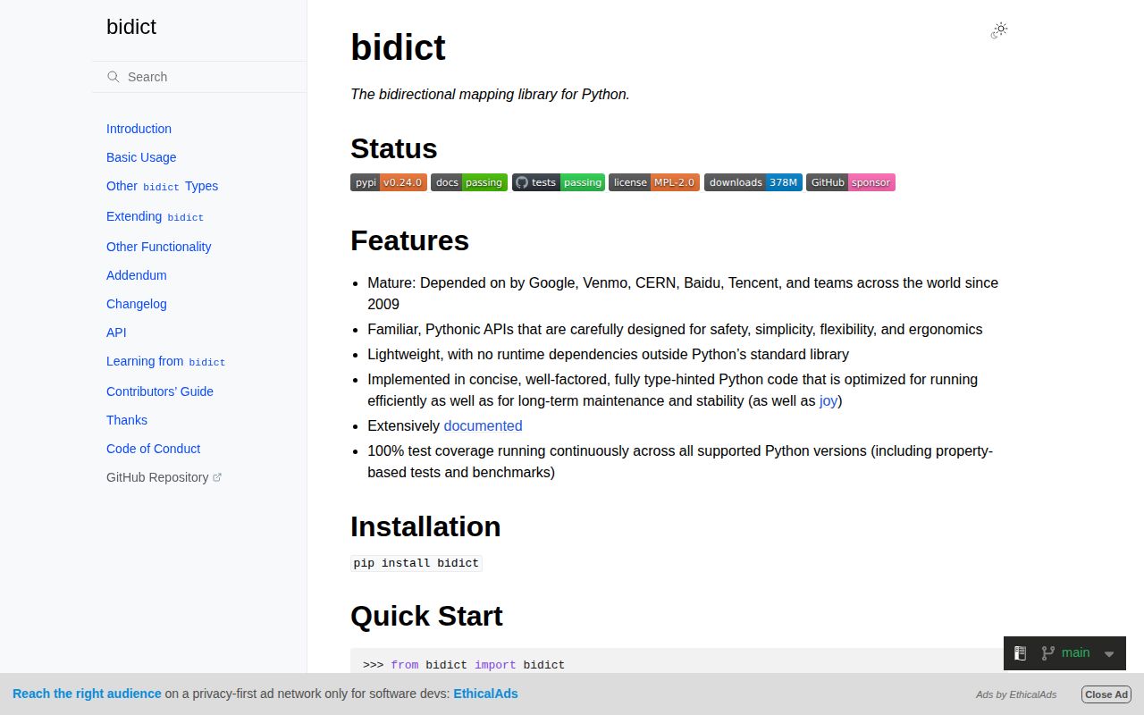 Screenshot of bidict documentation