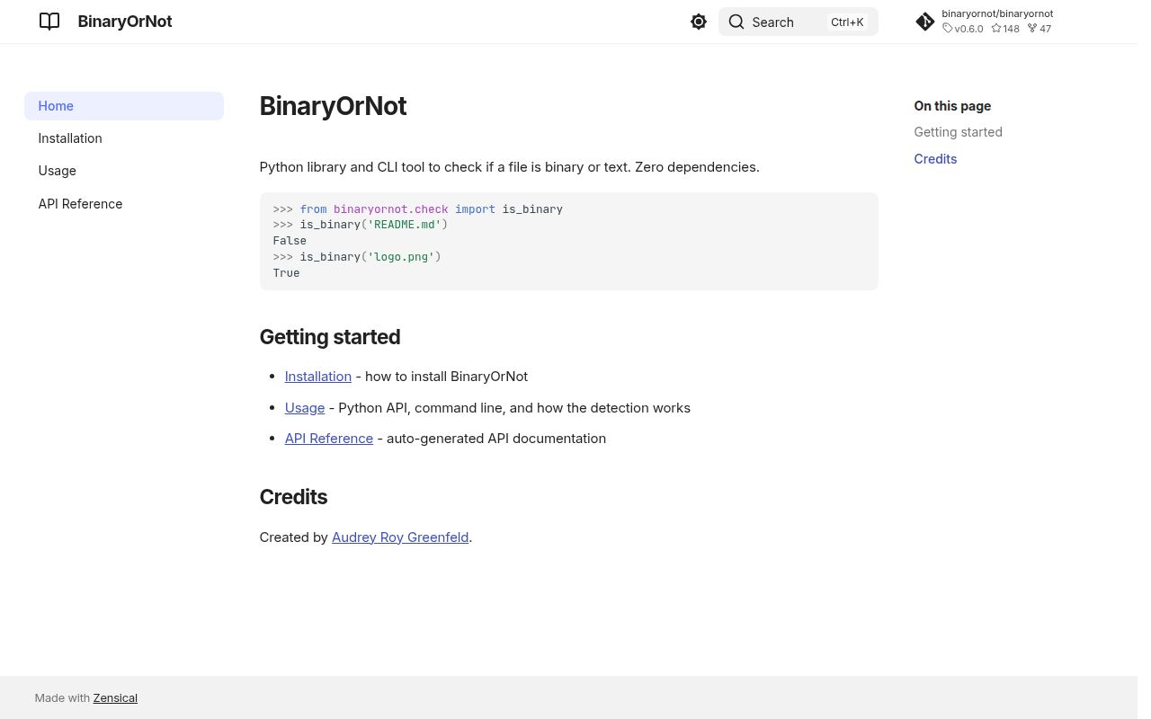Screenshot of binaryornot documentation