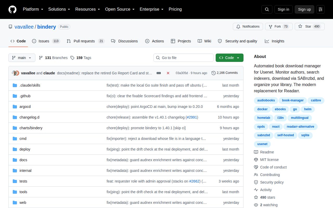 Screenshot of bindery (github.com/vavallee/bindery)