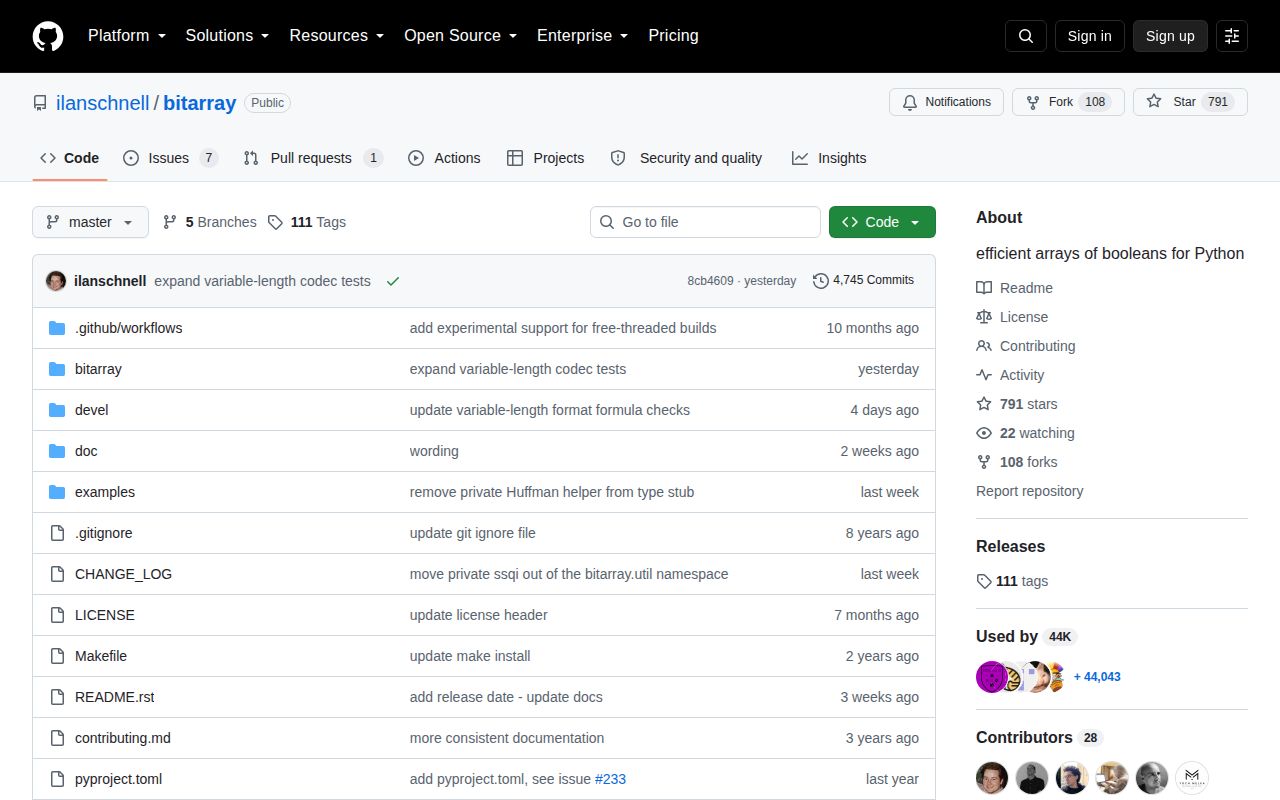 Screenshot of bitarray documentation