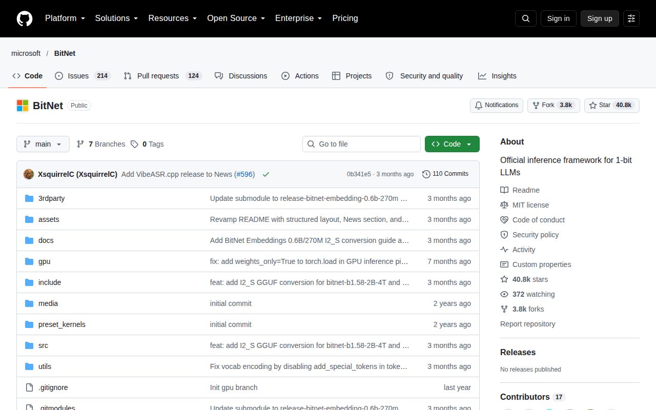 Screenshot of BitNet (github.com/microsoft/BitNet)