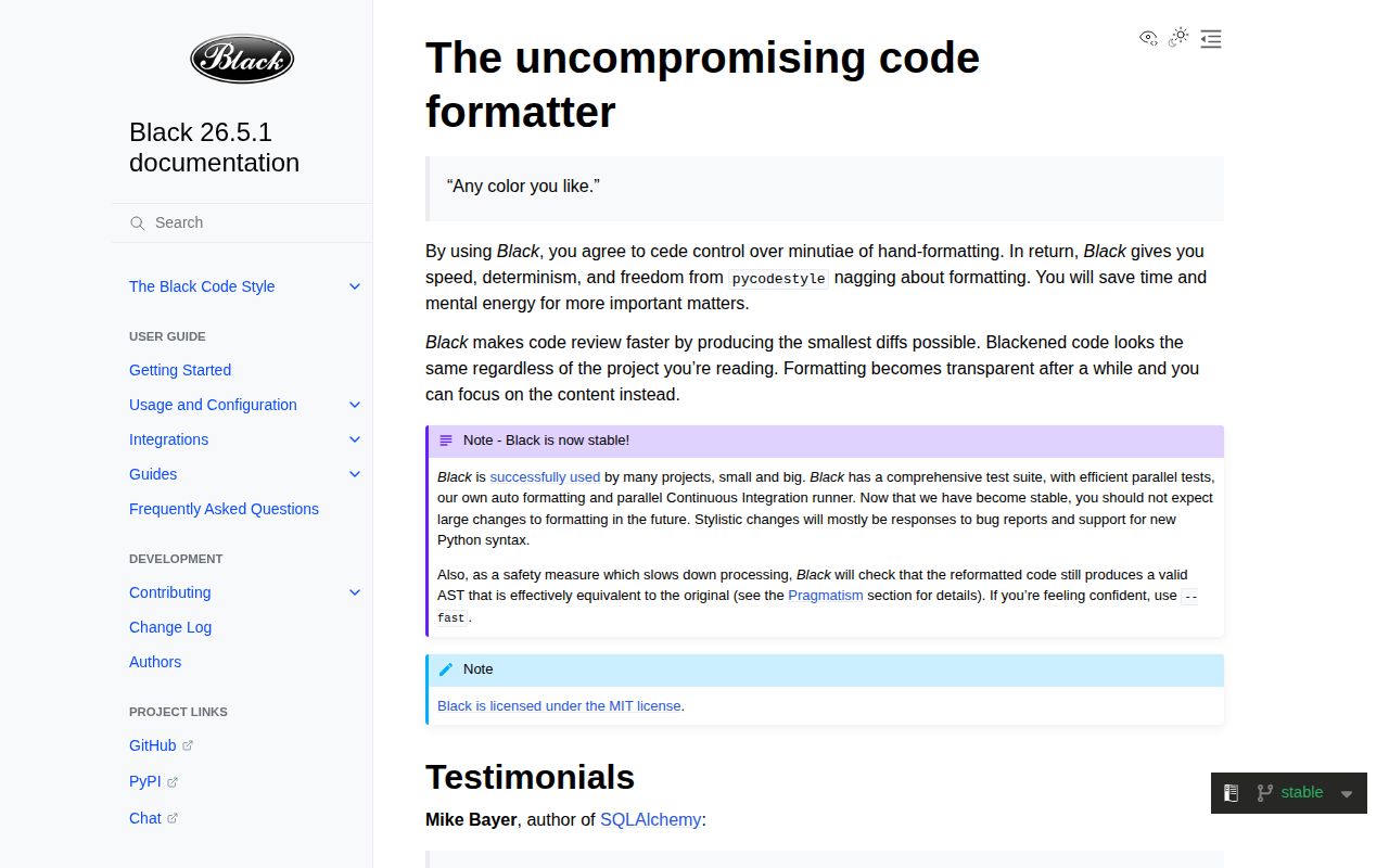 Screenshot of black (black.readthedocs.io/en/stable)