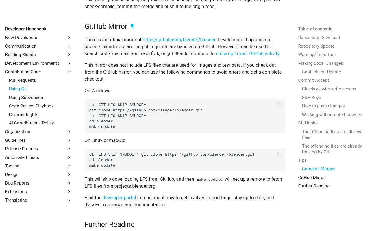 Screenshot of blender (developer.blender.org/docs/handbook/contributing/using_git/#github-mirror)