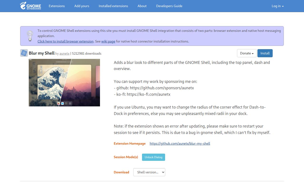 Screenshot of blur-my-shell (extensions.gnome.org/extension/3193/blur-my-shell)