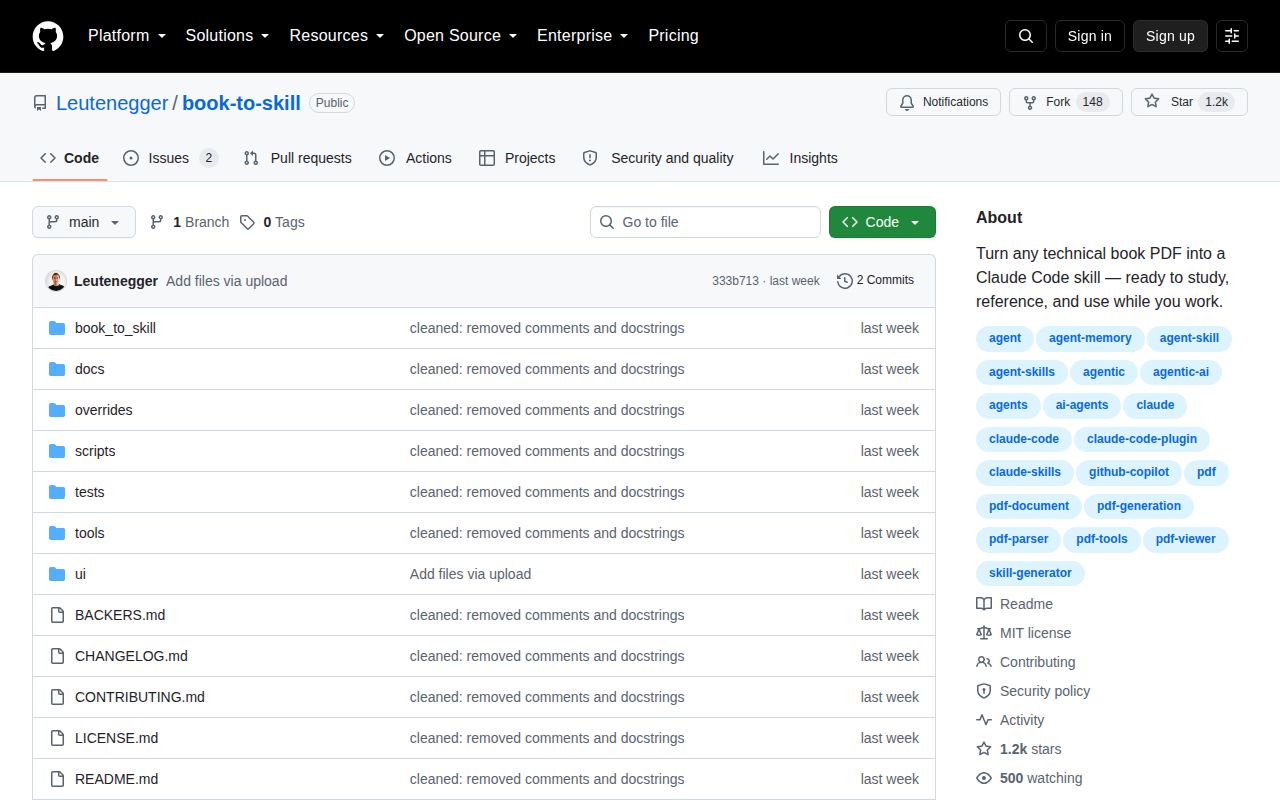 Screenshot of book-to-skill (github.com/Leutenegger/book-to-skill)