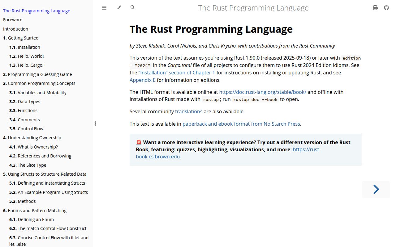 Screenshot of book (doc.rust-lang.org/book)