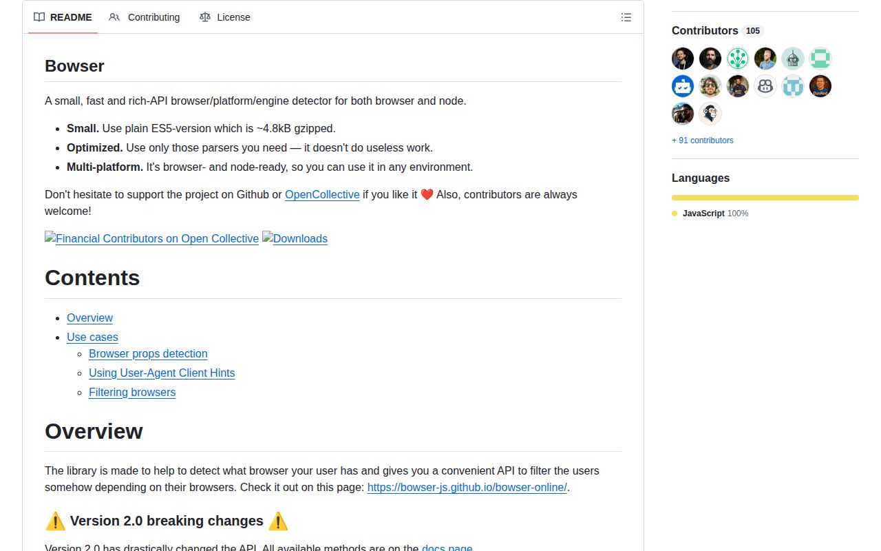 Screenshot of bowser documentation