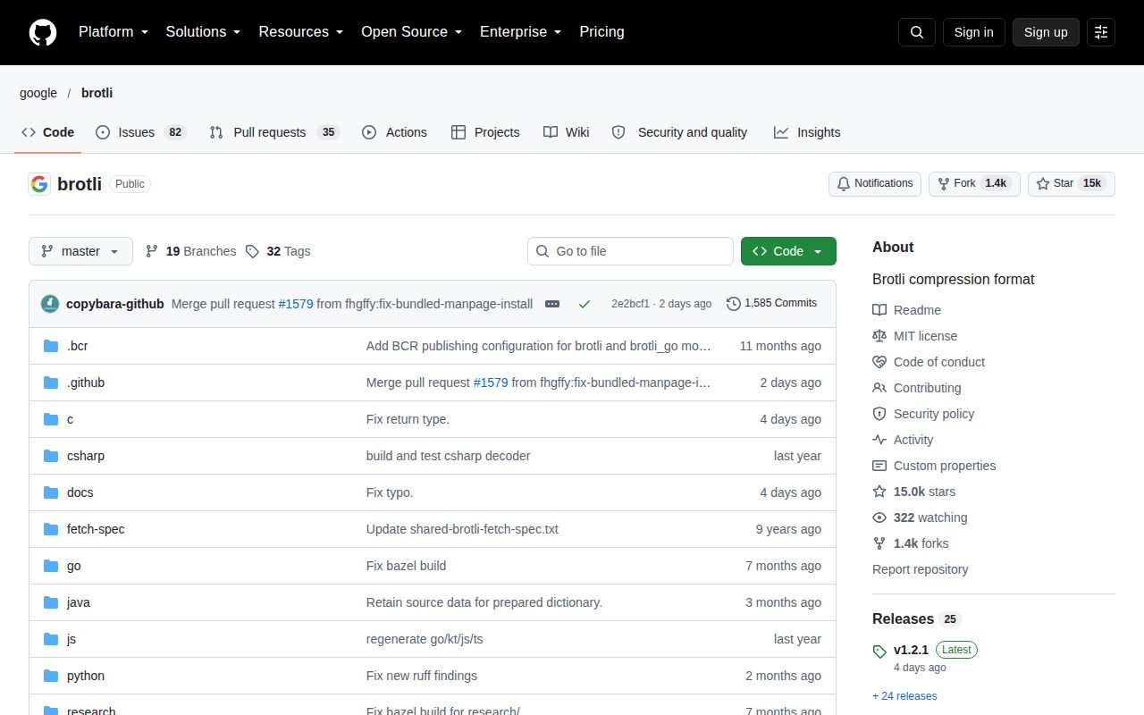 Screenshot of brotli (github.com/google/brotli)