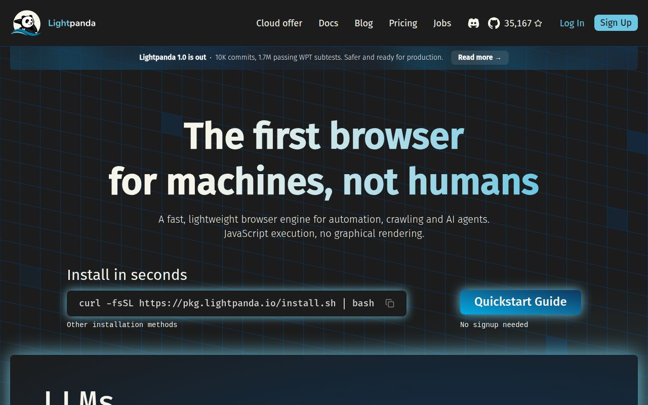 Screenshot of browser (lightpanda.io)