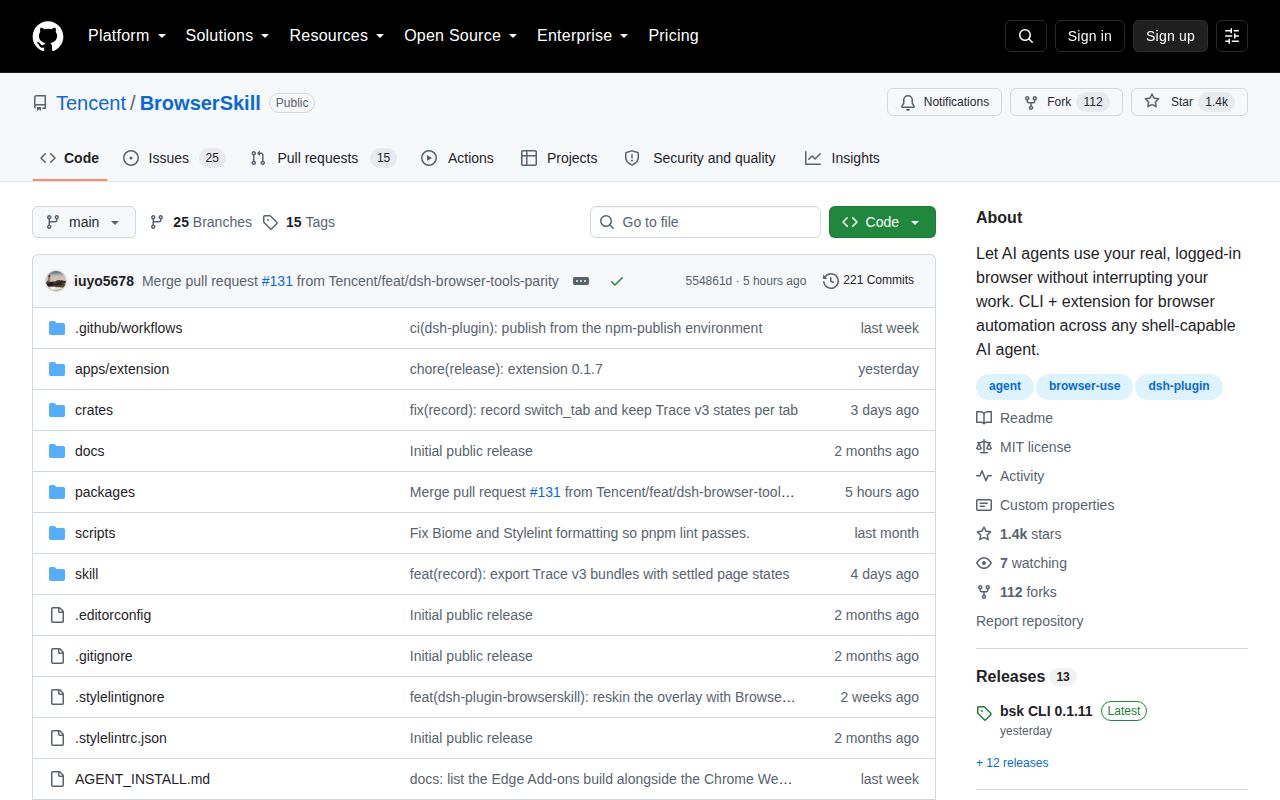 Screenshot of BrowserSkill (github.com/Tencent/BrowserSkill)