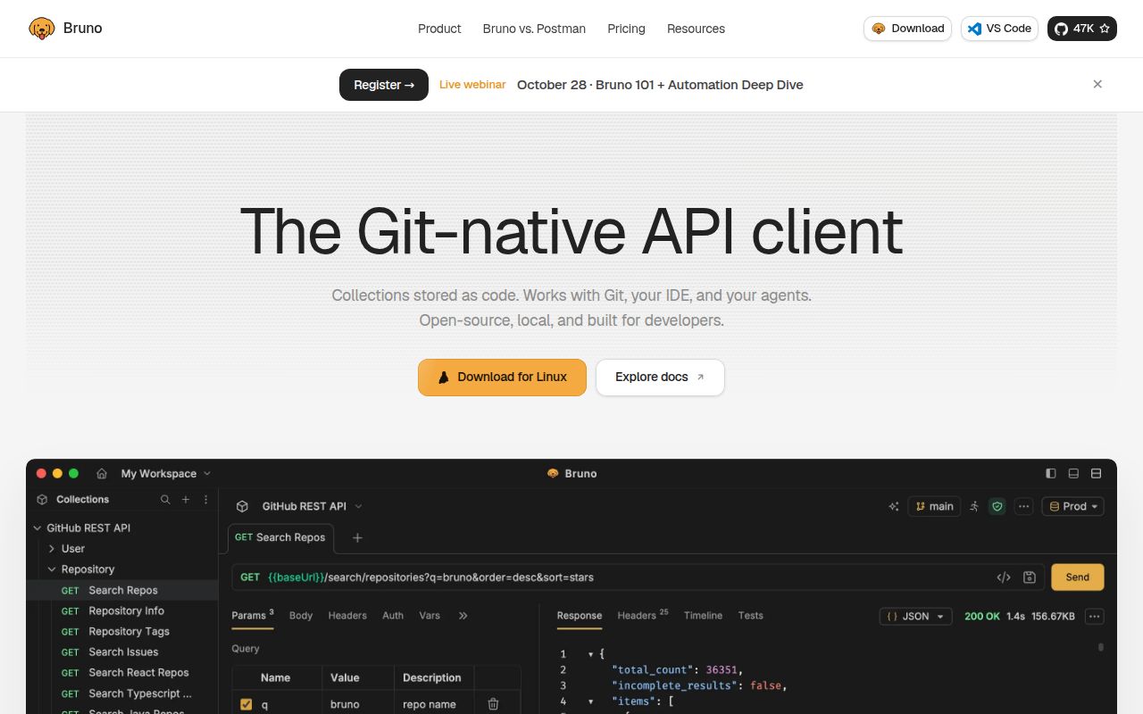 Screenshot of bruno (www.usebruno.com)