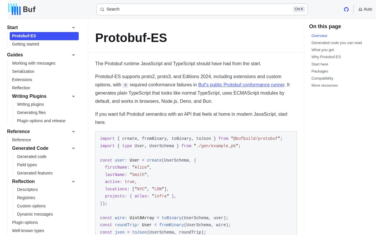 Screenshot of @bufbuild/protobuf documentation