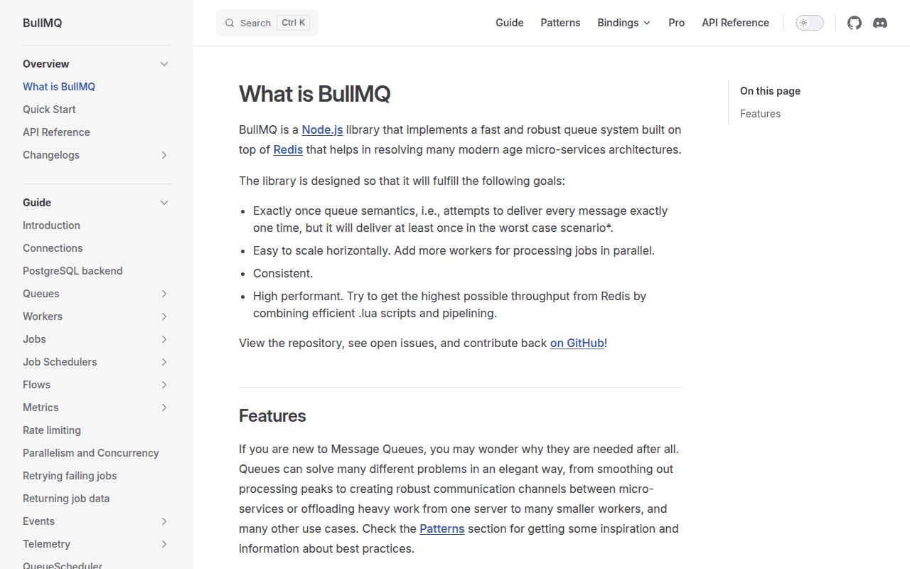 Screenshot of bullmq documentation
