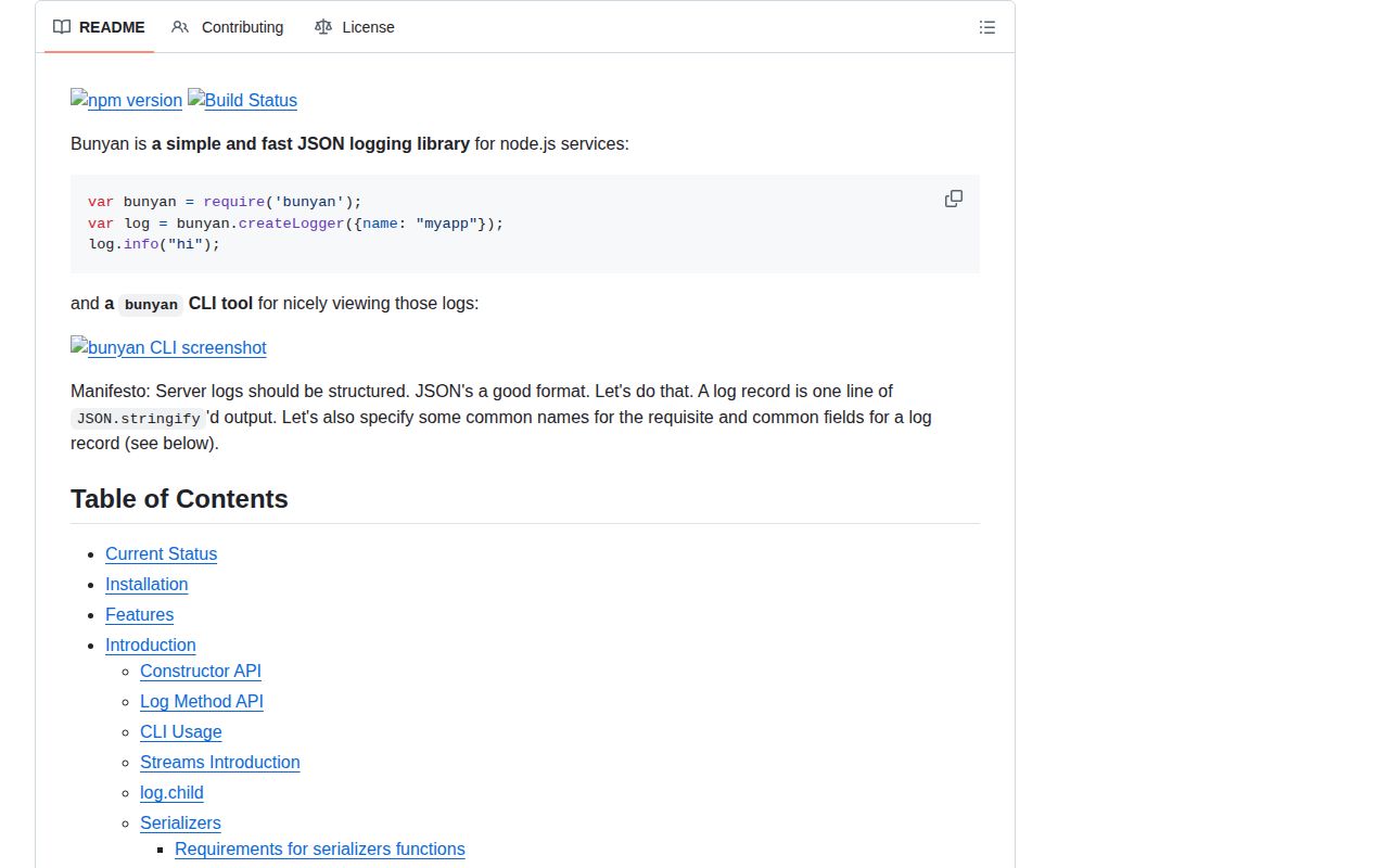 Screenshot of bunyan documentation