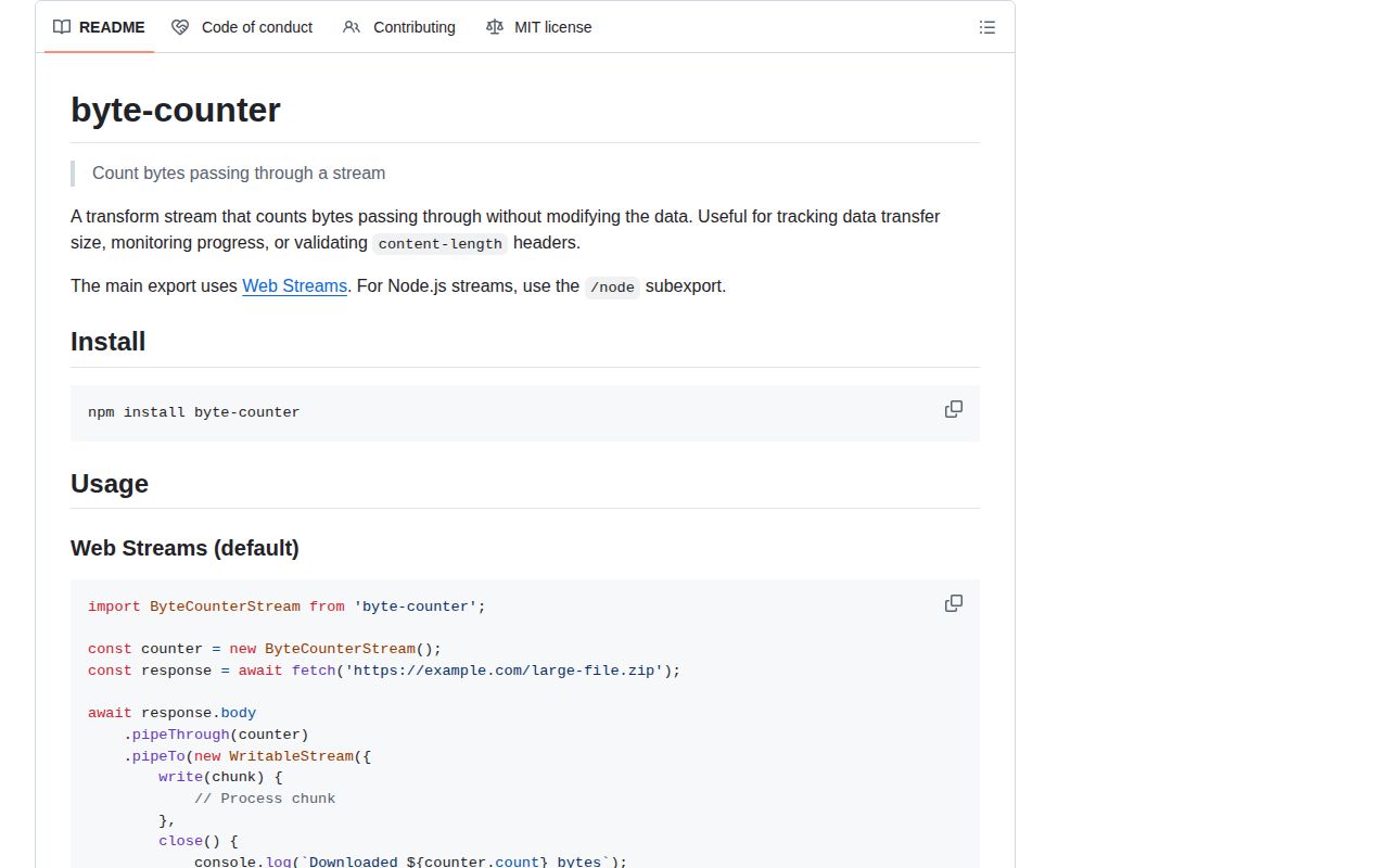 Screenshot of byte-counter documentation