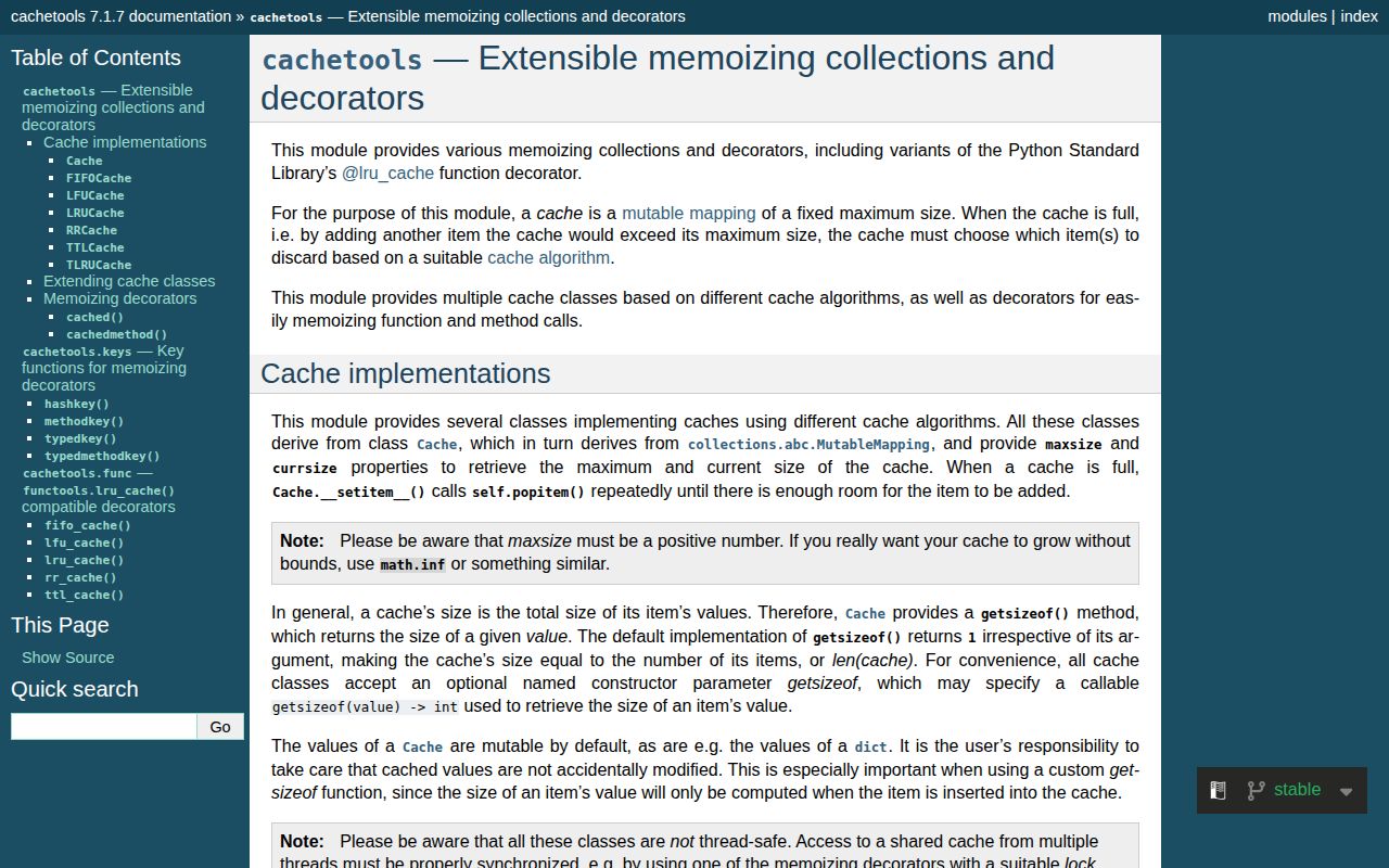 Screenshot of cachetools documentation
