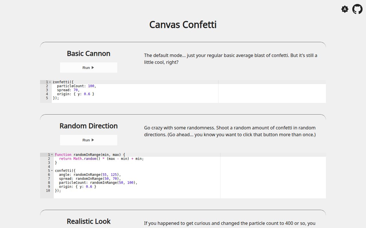 Screenshot of canvas-confetti documentation