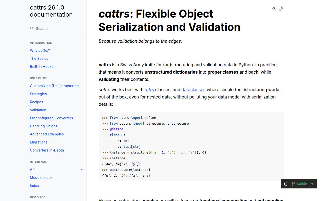 Screenshot of cattrs documentation
