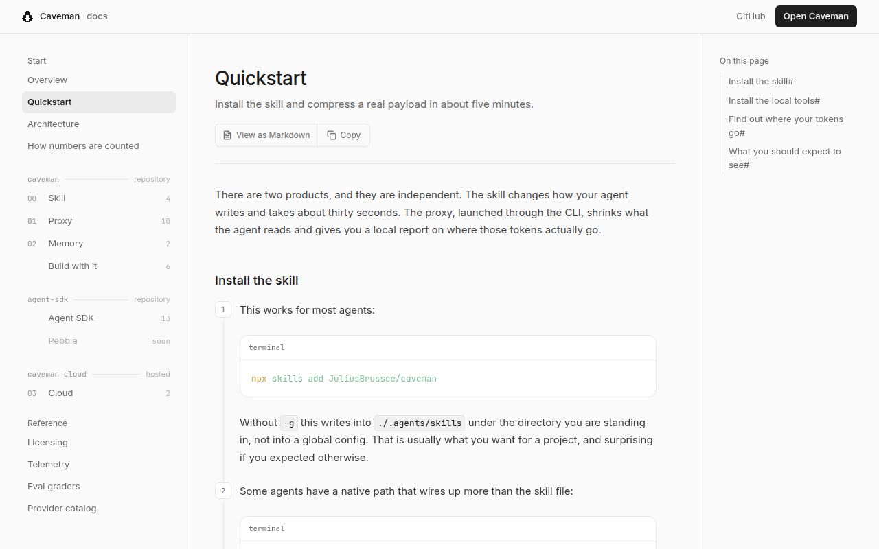 Screenshot of caveman (docs.caveman.so/docs/quickstart)