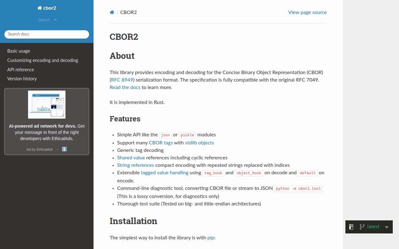 Screenshot of cbor2 documentation