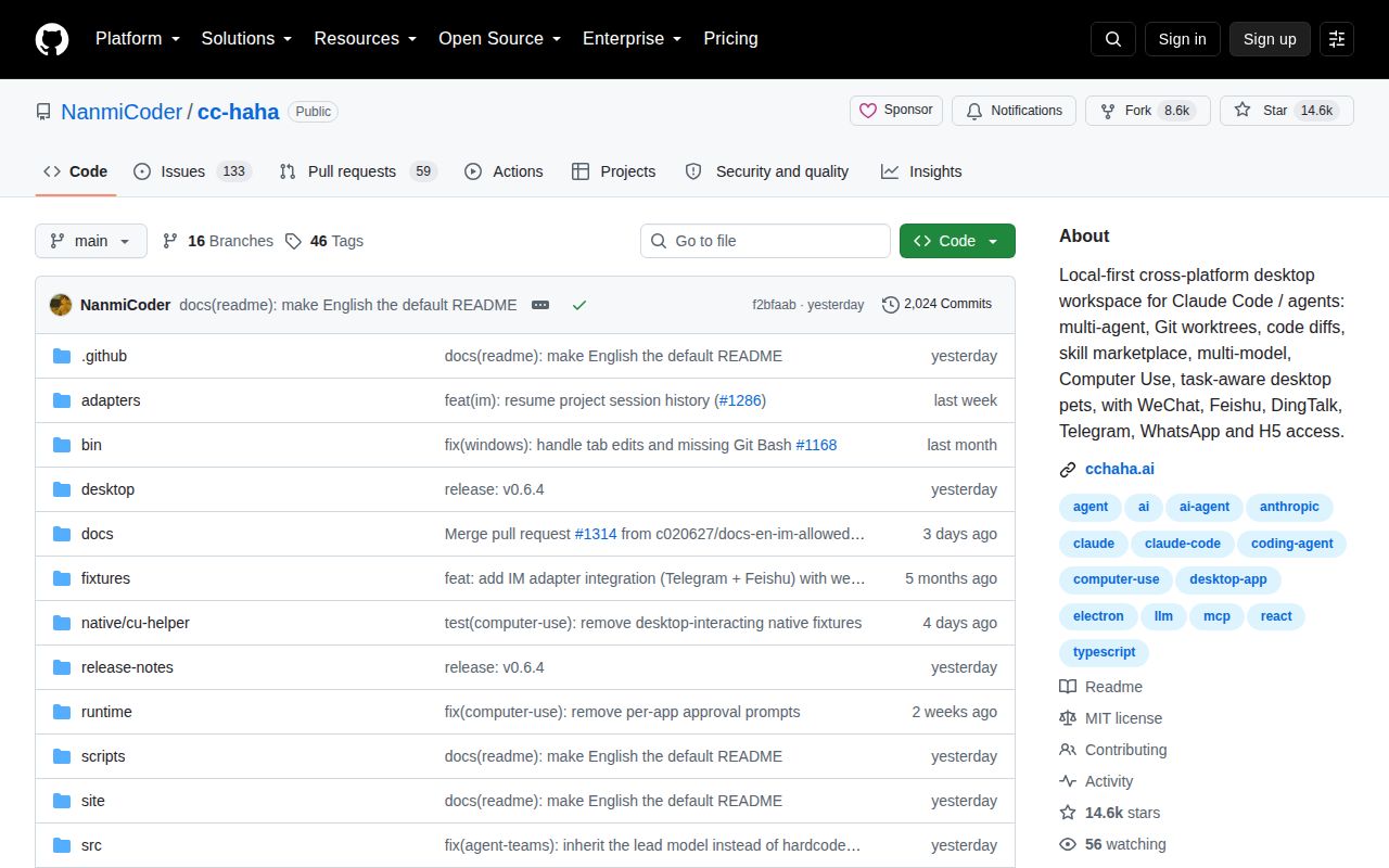 Screenshot of cc-haha (github.com/NanmiCoder/cc-haha)